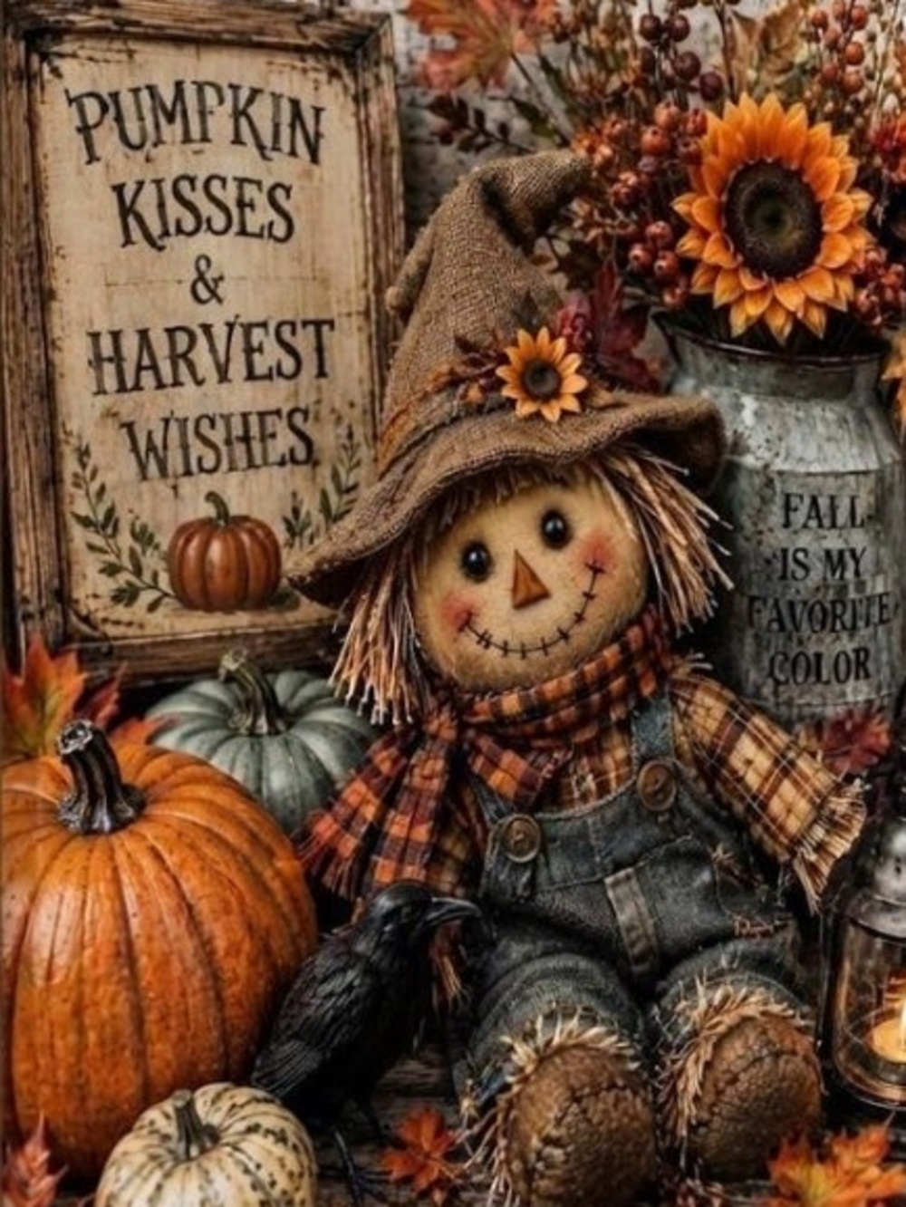 Autumn Scarecrow Pumpkin Kisses & Harvest Wishes 8x10 Print